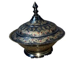 Small brass bowl lid black ornate brick brack decor small nut bowl novelty